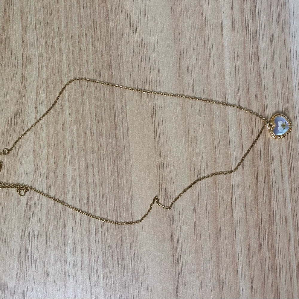 Gold necklace with pressed flower in heart pendent